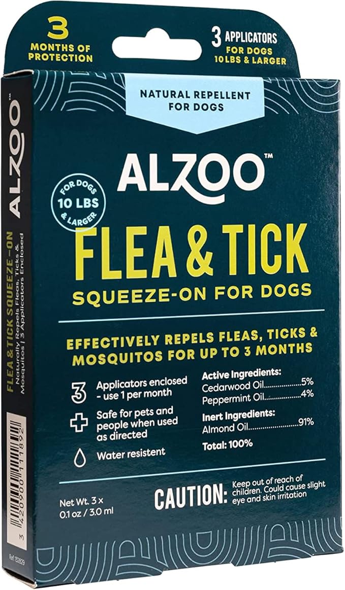 ALZOO Plant Based Flea & Tick Squeeze-On for Dogs, Helps Repel Fleas, Ticks & Mosquitos, Up to 3-Months Protection, Plant-Based Active Ingredients, Water-Resistant, 3 EZ-On Applicators Per Pack