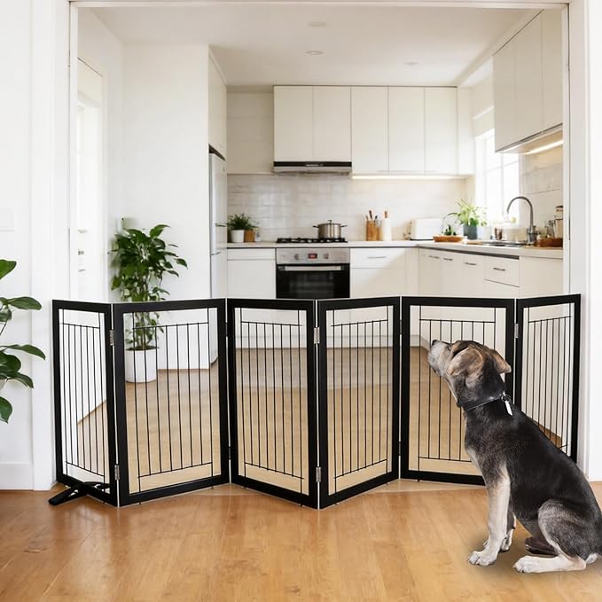 ZJSF Freestanding Dog Gate Indoor, Foldable Dog Fence for Doorways,Hallways or Stairs, Sturdy Wood Extra Wide Pet Gate with Support Feet,Black,32 "Height-6 Panels