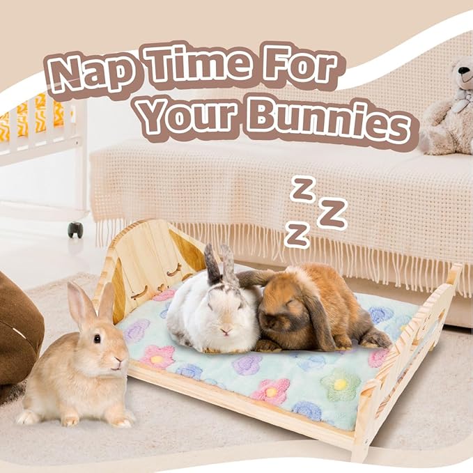 SoulThink® Floppy Ear Wooden Rabbit Bed - Easy to Assemble Rabbit Bed with Removable & Washable Fleece Mat, Small Animal Bed Suitable for Bunny, Guinea Pig, Chinchilla, Ferrets, Rats