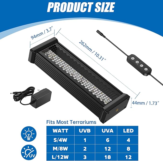 Reptile UVB Light & Heater Lamp, 10in Aluminum UVA UVB LEDfor Rainforest and Desert Reptiles, Geckos, Chameleons and Bearded Dragons, Adjustable 6/10/12H Timer, Dimmable with 3 Lighting Modes