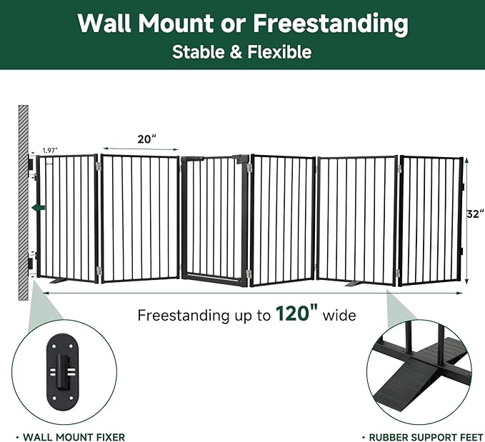 Snagle Paw Full Metal Freestanding Dog Gate with Door, 120” W x 32” H Pet Gate with Support Feet for Doorways, Stairs and Hallways, Portable Dog Fence for Indoor Use (32" 6 Panel, Black)