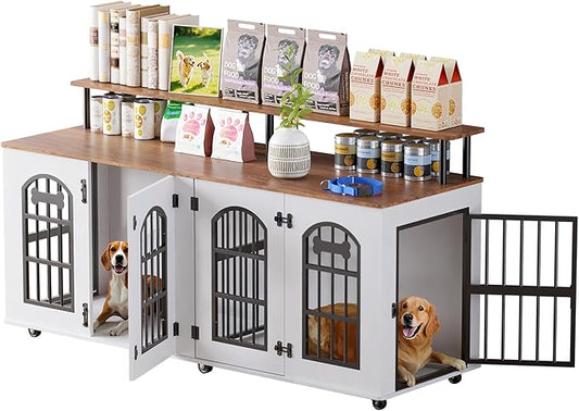 Petrova 63" Dog Crate Furniture for 2 Dogs, Heavy Duty Indoor Dog Kennel for Medium/Large Dogs, Wooden Dog Cage with Removable Divider, 6 Lockable Wheels, Storage Compartment, Beige