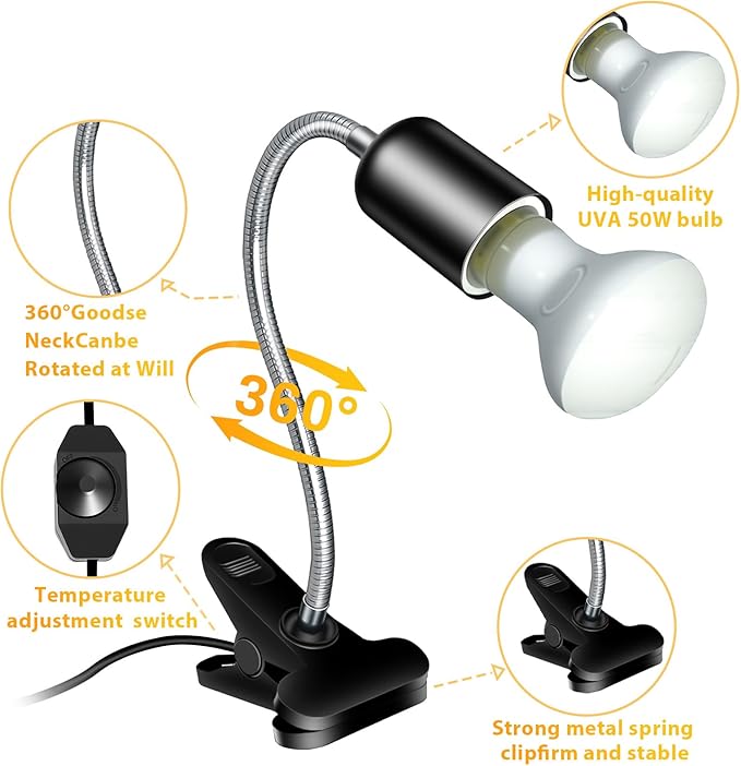 Reptile Heat Lamp with Clamp, UVA UVB Reptile Light with 360° Rotatable, Dimming and 2Pcs 50W Heat Bulb Simulated Sunlight Basking Light for Turtle Tortoise Lizard Snake Bearded Dragon