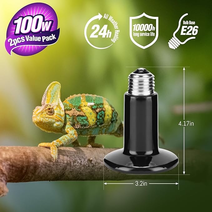 Leoterra 100W Ceramic Heat Emitter, Reptile Heat Lamp Bulb for 40-75 Gallons Bearded Dragon Tank & Turtle Terrarium, All-Purpose No-Light Night Heating for Lizards, Snakes, Chameleons (2-Pack)
