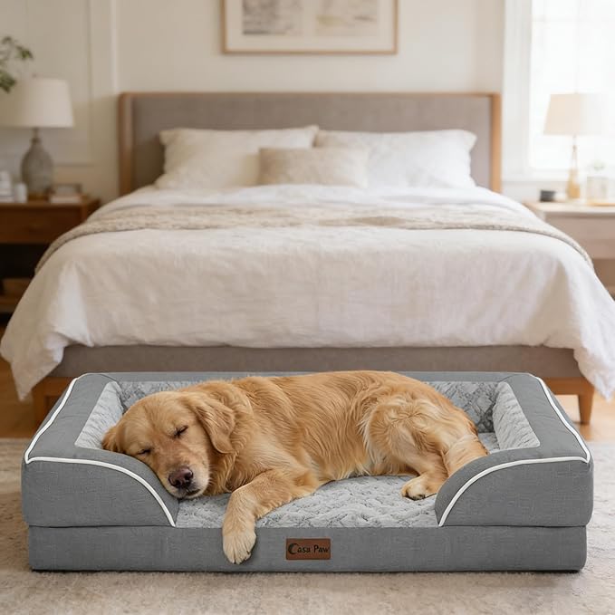 Orthopedic XL Dog Beds, Waterproof Memory Foam Big Bolster Pet Bed for Extra Large Sized Dogs 45x35Inch, Non-Slip Bottom and Egg-Crate Foam Dog Couch Bed with Washable Removable Cover, Grey
