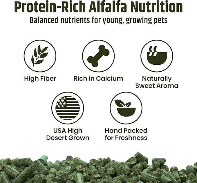 High Desert Delight Alfalfa Pellets, Protein Rich Small Animal Food for Young Rabbits Guinea Pigs and Small Pets, Natural Fiber Alfalfa Hay Pellets for Digestive Health, Fresh Hand Packed 31 oz Bag