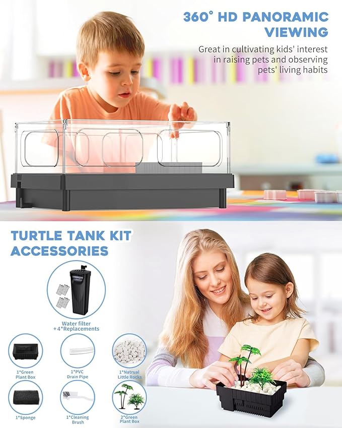 MoonOrange Small Turtle Tank, Aquarium, Acrylic Terrarium with Basking Platform, Bottom Drainage, Multi-Function Areas for Turtles, Crabs, Crayfish, Reptiles (Black+Filter)