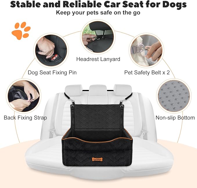 VavoPaw Medium Dog Car Seat, Dog Booster Seat Under 50Lbs or 2 Small Dogs Washable, Pet Car Seats with 2 Safety Leash, Dogs Sofa Bed Cushion Add Thick Sponge, Pet Cars Carrier for Travel, Black