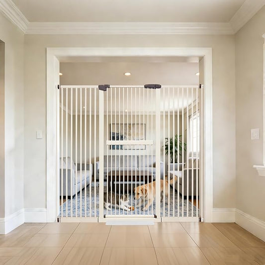 Lumizone Extra Tall Cat Gate 61.02" High Pressure Mounted Extra Wide 63.39"-67.32" (17Sizes) 1.37" Gap No Drilling Auto-Close Tall Pet Gate for Dogs (Cream, 63.39"-67.32" W)