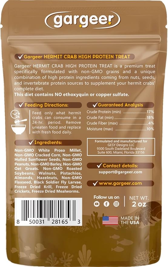 Gargeer Hermit Crab Protein Treat. Non-GMO Premium Ingredients, to Meet All Protein and Support Strength and Growth. 2oz Granular Textured ‘Surprise Your Crab’ Meal. Enjoy!