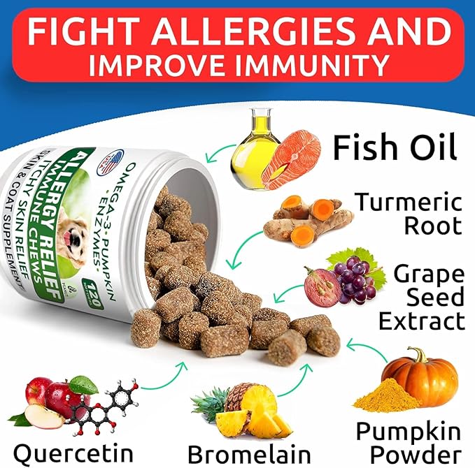 BARK&SPARK Dog Allergy Relief Soft Chews for Skin Health & Seasonal Allergies - Anti-Itch Supplement w/Omega-3, Quercetin & Bromelain Immune Treats for Dry Skin & Hot Spots - Peanut Butter - 120ct
