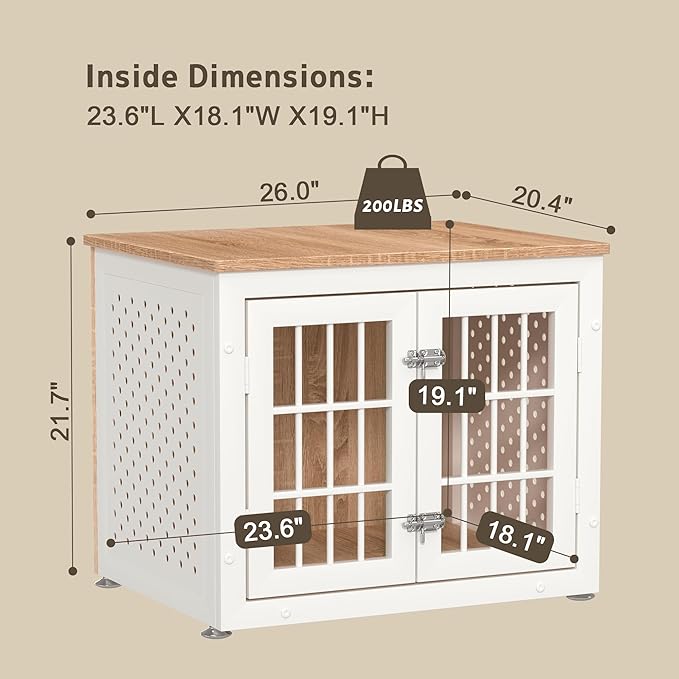 rehomerance 26" Heavy Duty Dog Crate Furniture for Small Dogs, Metal Kennel for High Anxiety Dogs, Chew Proof Pet Cage Indoor, Decorative Dog Kennel End Table,White
