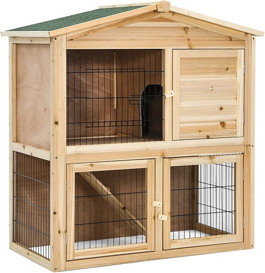 Tangkula Wood Chicken Coop and Rabbit Hutch, Indoor Outdoor Bunny Hutch with Ramp & Run, Hen Guinea Pig Cage with Waterproof Roof Ventilation Door, Pet House for Small Animals, 40 x 18.5 x 35.5 Inch