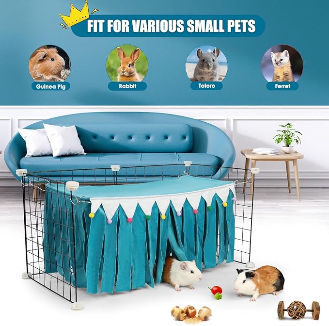 Guinea Pig Hideout - Guinea Pig Corner Hideout, Four-Sided Fringes, Rectangular Top and Washable Hides, Suitable Hides for Guinea Pigs and Rabbit, No Metal Fences, Blue