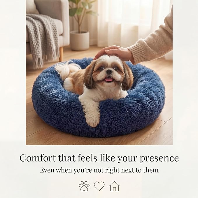 Calming Donut Dogs Beds for Small Dogs Washable,23inch Plush Round Pet Bed for Cozy Sleep,Fluffy Faux Fur Large Cat Bed,Fits up to 25 lbs Pets,Navy Blue
