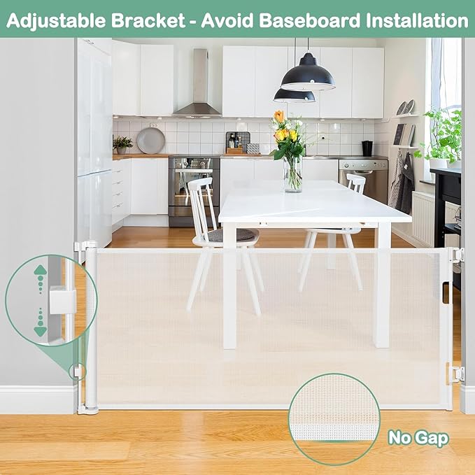 Retractable Dog Gates for Doorways 55 Inch Wide Retractable Baby Gates for Dogs Indoor Pet Barrier for Dogs Mesh Baby Gate No Bottom Bar Outdoor Dog Gate for Deck/Kitchen/Front Porch/Bedroom, White
