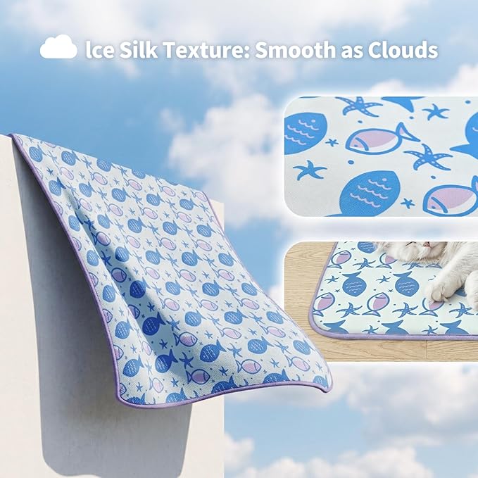 NWK Pack of 4 Pet Cooling Mat -Q-Max>0.345 Ice Silk Cooling Mat for Dogs & Cats Portable & Washable Pet Cooling Blanket, Car Seats, Beds for Summer (4pcs, Purple Fish, 20'' X 16'' X 0.3'')