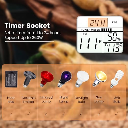 2 in 1 Reptile Dimming Thermostat with 2 Socket for Timer & Heating Control, Thermostat for Reptile Heat Lamp Heat Pad, PID Temperature Controller, Memory Function (Model: PT02T)