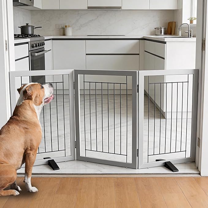 ZJSF Freestanding Dog Gate Indoor, Foldable Dog Fence for Doorways,Hallways or Stairs, Sturdy Wood Extra Wide Pet Gate with Support Feet,Grey,32 "Height-3 Panels