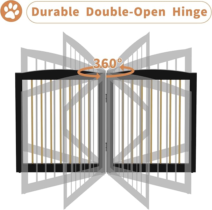PUPETPO Freestanding Pet Gate for Dogs, Foldable Wooden Dog Gate for House, Stairs, Doorways, Step Over Pet Puppy Safety Fence,Support Feet Included,24" Height 2 Panels, Black&Gold