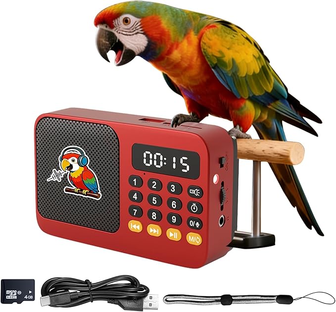 Parrot Talking, Whistling & Singing Training Player – 134 Professional Audio Tracks with Loop Playback &Self-Custom Audio, Includes Training Guide for Beginners & Busy Individuals (Red)