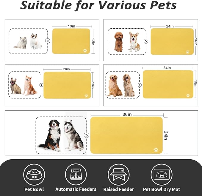 HotLive Dog Food Mat - Absorbent Cat Mat for Food and Water, No Stains Pet Feeding Bowl Mat, Easy to Clean Pet Placemats, Quick Dry Dog Water Dispenser Mat for Messy Drinkers | Paw Yellow 24"x36"