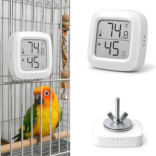 Bird Cage Thermometer,Parrot Cage Hygrometer,Pet Cage Temp Humidity Gauge,Easily Mounts on Cage,Clear Temp & Humidity,°F/°C Switch,for Bird,Hamsters,Rabbits,Guinea Pigs,and other Pet Cages (White)