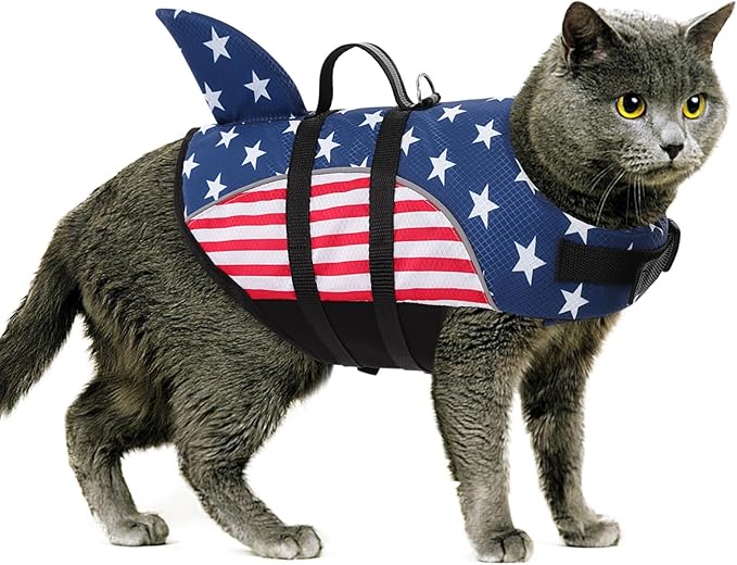 Queenmore Medium Dog Life Vest for Boating, American Flag Dog Life Vest for Swimming, Lightweight Medium Dog Life Jacket with Shark Fin/Rescue Handle/Leash Hook, M