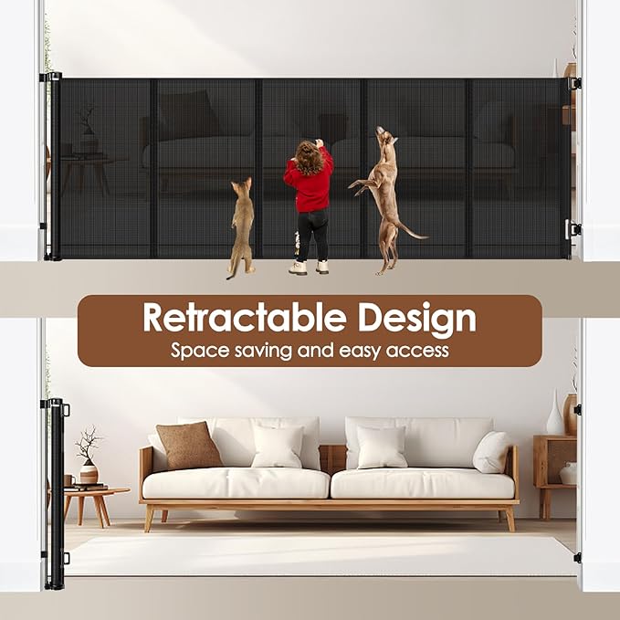 Reinforced 48" Extra Tall X 100" Extra Wide Retractable Baby Gate for Large Openings Extra Tall Dog Gates for Doorways Extra Long Baby Gate Mesh Large Dog Gate Indoor Pet Gate for Cats, Black