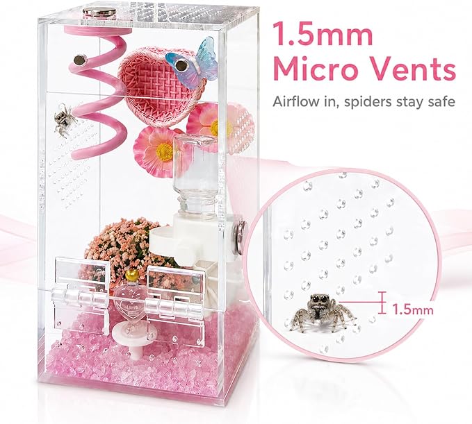 Jumping Spider Enclosure,DIY Insects Habitat,Small Reptile Terrarium Glass House Accessories Set,with Jumping Platform Hide Water Feeder (Pink B)