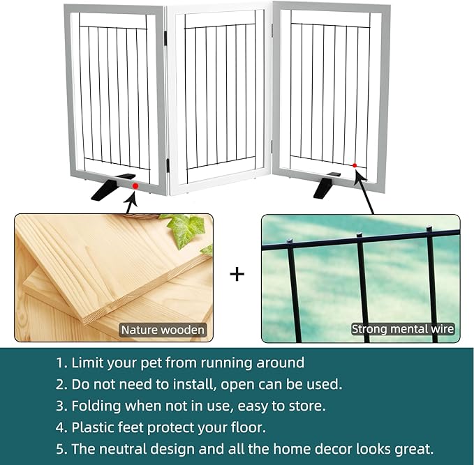 ZJSF Freestanding Dog Gate Indoor, Foldable Dog Fence for Doorways,Hallways or Stairs, Sturdy Wood Extra Wide Pet Gate with Support Feet,White,32 "Height-3 Panels