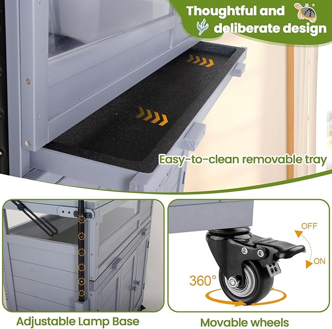 Agitree Premium Reptile Habitat Enclosure for Tortoises, Lizards, and Snakes - Adjustable Lighting, 360° Wheels, Easy-Clean Design, and Secure Ventilation-（Light Gray