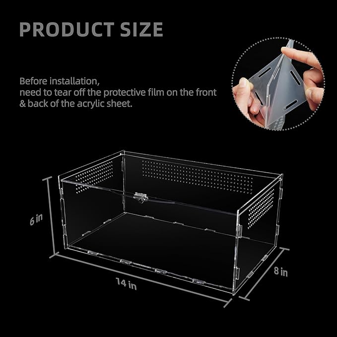 Reptile Terrarium, Tarantula Enclosure, 14x8x6 Inch Reptile Tank Habitat Clear Terrariums with Locking Latch Suitable for Tarantula,Tree Dwelling Reptiles Hermit Crab