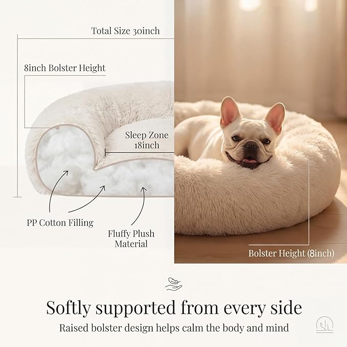 Calming Donut Dogs Beds for Small Dogs Washable,28inch Plush Round Pet Bed for Cozy Sleep,Fluffy Faux Fur Large Cat Bed,Fits up to 30 lbs Pets,Beige