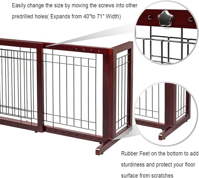 Bonnlo Free Standing Dog Gate, 37" - 68" Wide Pet Gate for Fireplace Stairs Doorways, Wooden Adjustable Pet Fence Indoor, Christmas Tree Gate (Cherry)