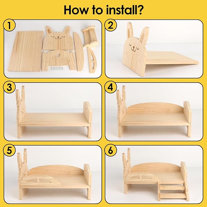 HOSUKKO Wooden Guinea Pig Bed with Mat 13.5IN X 9.3IN Detachable Hideout with Stairs Small Animal Cute Warm Habitats for Hamsters Ferret Bunny Sleeping Hiding