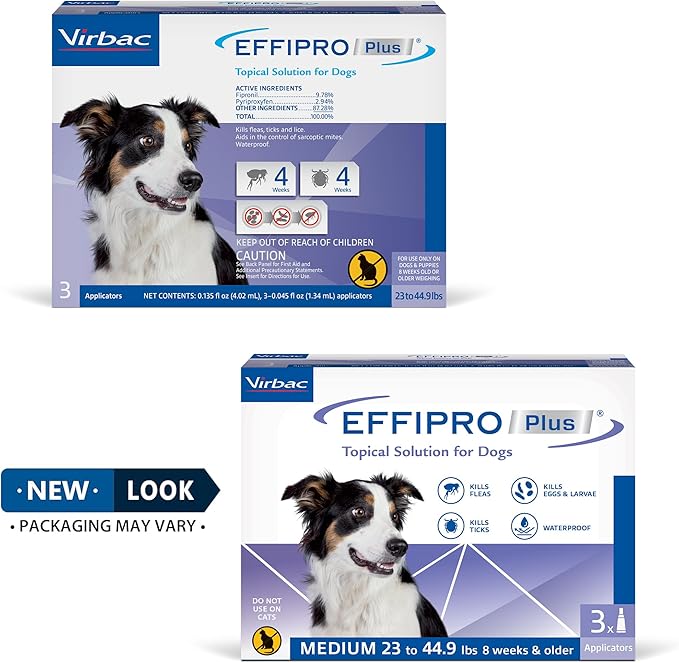 EFFIPRO PLUS Topical Solution for Dogs - Waterproof Dog Flea and Tick Treatment for Medium Dogs (23-44.9lbs) 3 Doses by Virbac