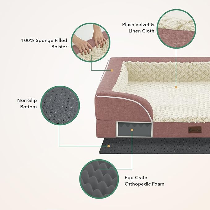 Orthopedic Dog Beds for Large Sized Dogs, Waterproof Memory Foam Large Pet Bed with Sides 35x22Inch, Non-Slip and Egg-Crate Foam Big Dog Couch Bed with Removable Washable Cover, Pink