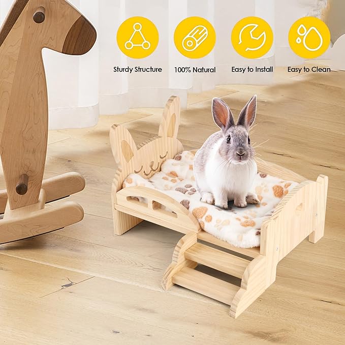 HOSUKKO Wooden Guinea Pig Bed with Mat 13.5IN X 9.3IN Detachable Hideout with Stairs Small Animal Cute Warm Habitats for Hamsters Ferret Bunny Sleeping Hiding