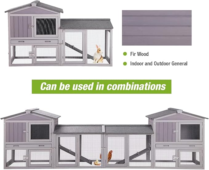 GUTINNEEN Rabbit Hutch Outdoor No Leak Plastic Tray Bunny Cage Indoor with Large Run Space Extensible Chicken Coop