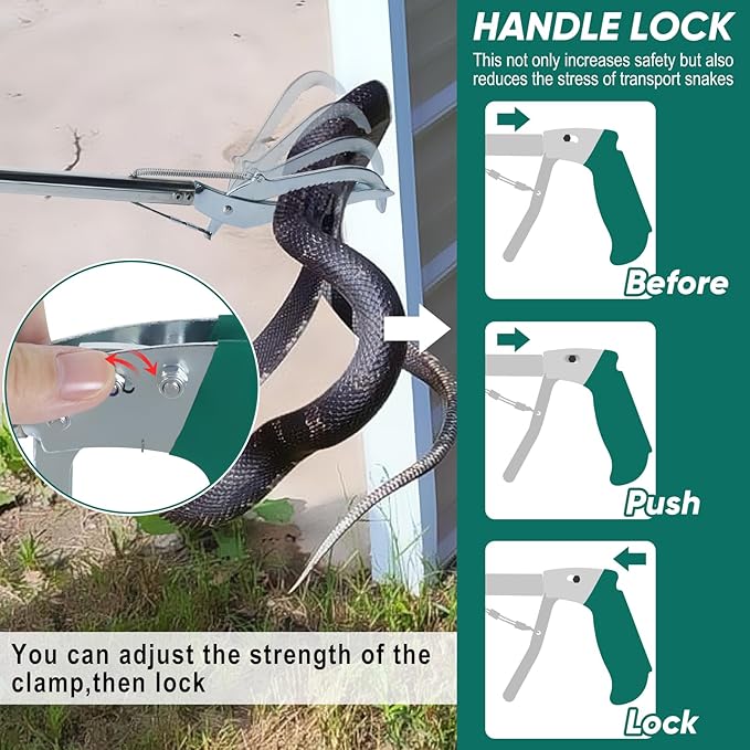 52" Snake Tongs Stick with Lock, Professional Snake Grabber Tool Heavy Duty Reptile Snake Catcher Grabber Stainless Steel Snake Pole Wide Jaw Handling Tool with a Protective Structures for Snakes
