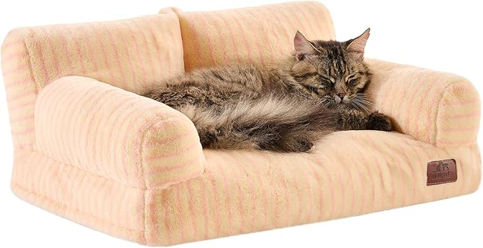 Hollypet Fluffy Dog Cat Bed Pet Couch Beds Plush Soft Warming Washable Puppy Bed for Small Medium Dogs and Large Cats, Pink Stripes, 24" L x 18" W x 10" Th