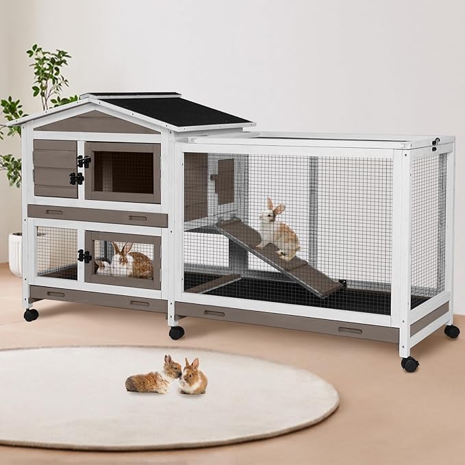 Suumerpety 62" Rabbit Hutch with Chew-Proof Ramp & Waterproof Roof - Indoor/Outdoor Bunny Cage, 2-Story Design, 6 Lockable Caster Wheels & Dual Pull-Out Trays (Brown)