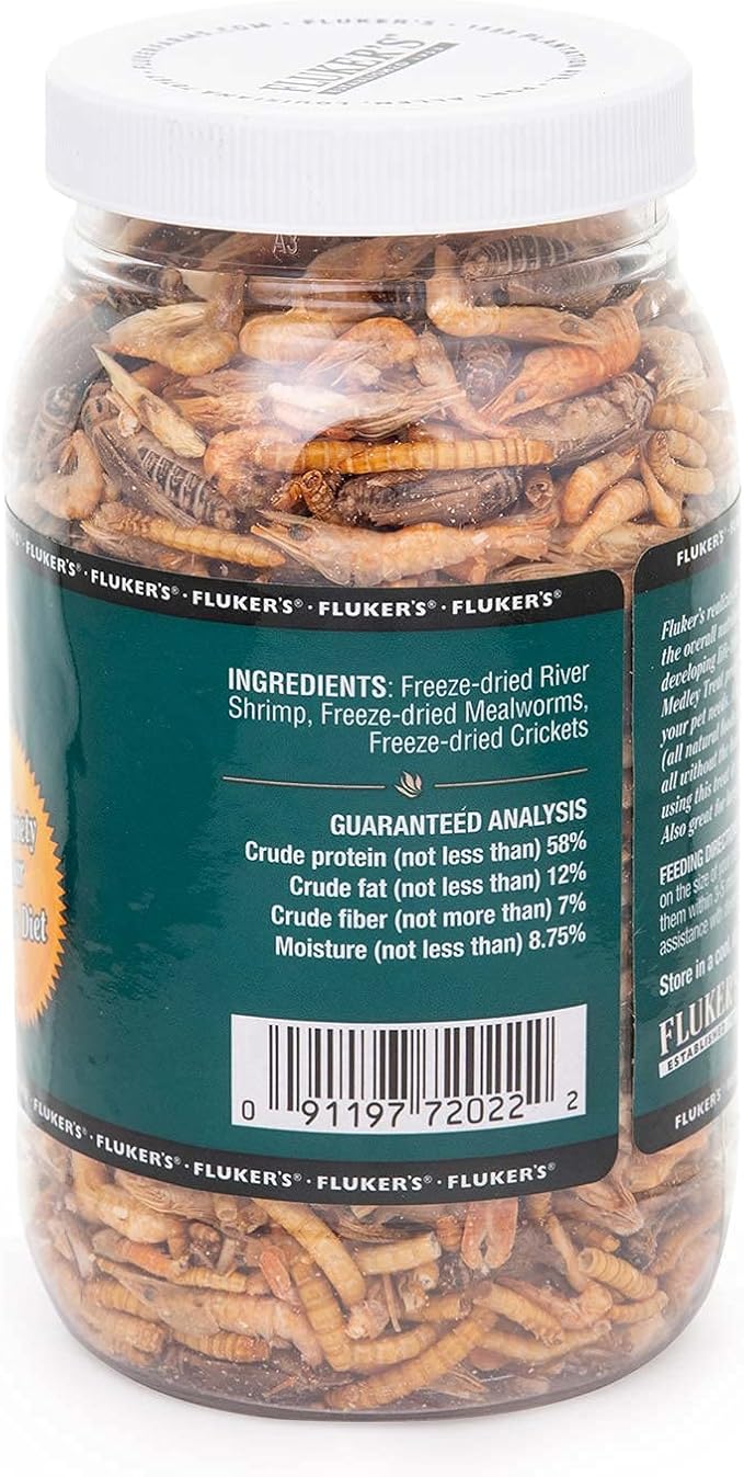 Fluker's Aquatic Turtle Food,Vitamin,Enriched Medley Treats of Freeze,Dried River Shrimp,Mealworms,and Crickets,2.9 oz,(Pack of 2)