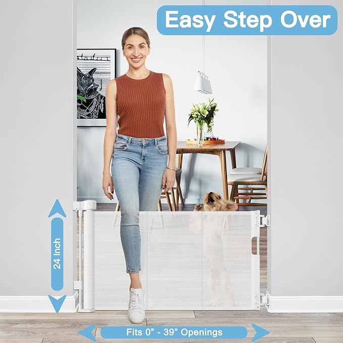 Short Dog Gate 0"-39" Wide Narrow Baby Gate 24” Tall Retractable Baby Gate to Step Over Short Gate for Stairs Low Pet Gate Indoor Mesh Doggie Gates Puppy Gate for Doorway, White