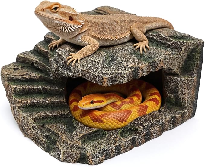 Extra Large Resin Reptile Cave Hideout, Rock-Style Basking Platform, Aquarium and Terrarium Decor, Ideal for Reptiles, Amphibians, and Fish