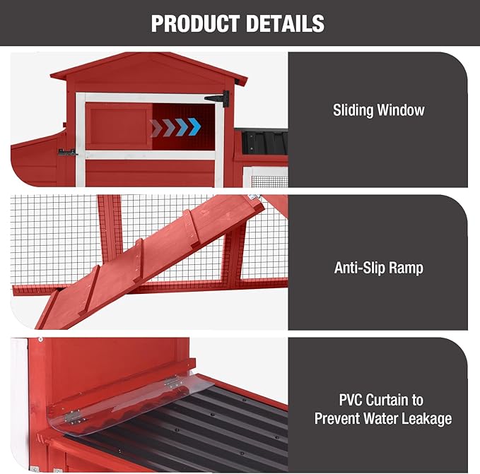 80’’ Chicken Coop with Wheels, Outdoor Wooden Chicken House with Nesting Box, Poultry Chicken Cage with Weatherproof Roof and Leakproof Pull-on Tray, Large Chicken Coops with 2-4 Chickens (Red)