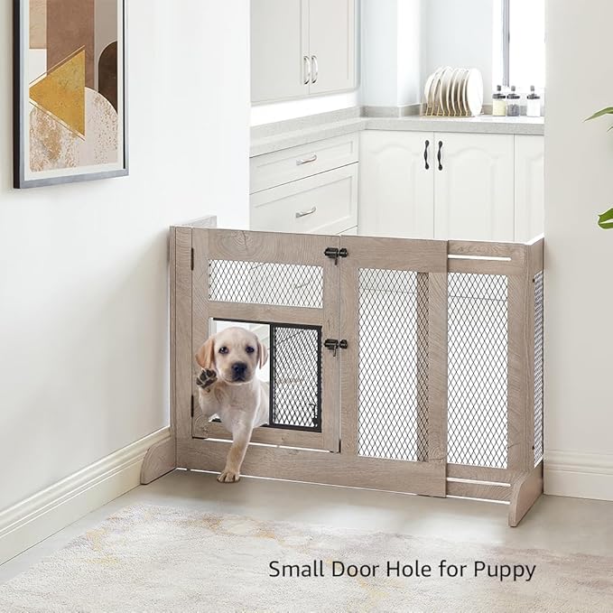 unipaws Dog Gate Indoor, Separates Puppy and Large Dogs, Walk Through Pet Gate with Dog Door, Free Standing, Adjustable 33.3-41.6 Inches Wide, Gray, Metal & Wood