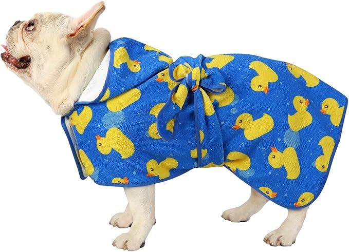 HDE Dog Bathrobe Super Absorbent Quick Drying Puppy Towel Wrap Coat Adjustable After Bath Robes with Hood for Dog Sizes S-XXL Blue Rubber Ducks S