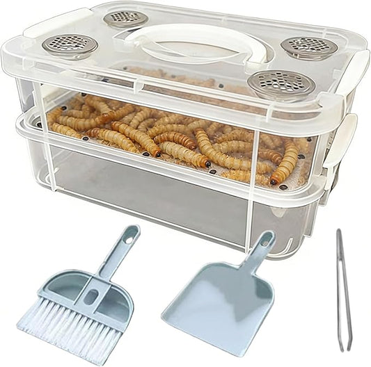 Mealworm Breeding Kit, High Capacity Mealworm Breeding Container, Prevent Escape Mealworms Keeper Includes Tweezers & Cleaning kit,to Breed Live Mealworms, Reptiles, Lizards, Frogs,Tortoises